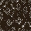 Botanical Seamless Pattern In Vintage Style. Various Leaves Of Ferns, Cones, Horsetail, Calamus, Sow Thistle, Wheat Grass, Holly.