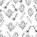 Botanical seamless pattern in vintage style. Various leaves of ferns, cones, horsetail, calamus, sow thistle, wheat grass, holly.