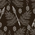 Botanical Seamless Pattern In Vintage Style. Various Leaves Of Ferns, Cones, Horsetail, Calamus, Sow Thistle, Wheat Grass, Holly.
