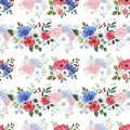Botanical seamless pattern with a watercolor floral arrangement, red, white, and blue flowers, and green leaves. Royalty Free Stock Photo