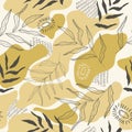 Botanical seamless pattern on white background. Trendy abstract pattern, tropical leaves, gold, pastel earthy colours. Vector