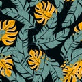 Botanical seamless tropical pattern with bright plants and leaves on a colorful background. Summer colorful Hawaiian seamless