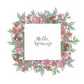 Botanical square decorative border or frame made of beautiful pink wild blooming flowers and flowering herbs hand drawn