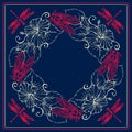 Botanical square pattern with Hibiscus, Cicadas, and dragonflies. Bandana. Vector.