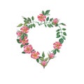 Botanical watercolor illustration of wildroses heart frame. Royalty Free Stock Photo