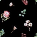 Botanical watercolor pattern with protea flowers on black background