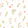 Botanical watercolor seamless pattern. Floral and colorful polka dot background. Cute design of flowers and leaves. Greenery. Royalty Free Stock Photo