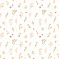 Botanical watercolor seamless pattern. Floral and colorful polka dot background. Cute design of flowers and leaves. Greenery. Royalty Free Stock Photo
