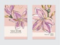 Botanical wedding invitation, business flyer template, greeting card. Magnolia design, pink gold flowers and leaves soft