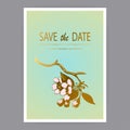 Botanical wedding invitation card template design, hand drawn sakura flowers and leaves on branches, vintage rural cherry blossom Royalty Free Stock Photo