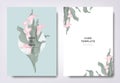 Botanical wedding invitation card template design, pink calla lily flowers and leaves with circle frame on blue background