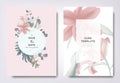 Botanical wedding invitation card template design, pink lily flowers and leaves with circle frame on pink background, vintage