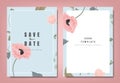 Botanical wedding invitation card template design, pink poppy flowers and leaves on blue, minimalist vintage style Royalty Free Stock Photo