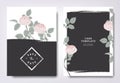 Botanical wedding invitation card template design, pink rose flowers and leaves with black grunge frame Royalty Free Stock Photo