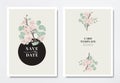 Botanical wedding invitation card template design, pink sakura flowers with Silver Dollar Eucalyptus leaves in circle frame Royalty Free Stock Photo