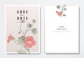 Botanical wedding invitation card template design, red Tropaeolum flowers with leaves on light pink, minimalist vintage