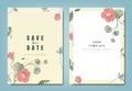 Botanical wedding invitation card template design, red Tropaeolum flowers and leaves on yellow, minimalist vintage