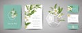 Botanical wedding invitation card Template Design, Tropical Plumeria Flowers and Leaves in modern style, Save the date