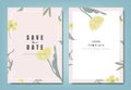 Botanical wedding invitation card template design, yellow tulip flowers and leaves on light red, minimalist vintage Royalty Free Stock Photo