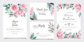 Botanical wedding invitation card template set with watercolor flowers decoration. Peach roses illustration for background, save Royalty Free Stock Photo