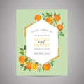 Botanical wedding invitation card, vintage Save the Date, template design of orange, citrus fruit, flowers and leaves, blossom Royalty Free Stock Photo