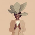 beige woman art print abstract poster fashion design leaf trendy palm. Generative AI.