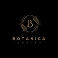 Botanics vector logo. Bio cosmetics emblem. Organic product sign. Leaf illustration Royalty Free Stock Photo
