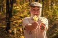 Botanist examine herbs. Curiosity to botany. Explore world around. Pensioner hiking in forest on sunny autumn day. Old Royalty Free Stock Photo