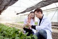 Botanist scientist woman and man in lab coat work together on experimental plant plots, male biological researcher holds