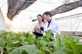 Botanist scientist woman and man in lab coat work together on experimental plant plots, male biological researcher holds