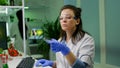 Botanist woman looking at petri dish with leaf sample checking gmo test