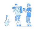 Botanists. Man woman taking flower picture. Scientists, nature researchers, biologists or backpackers vector