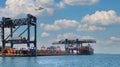 Botany Bay harbor panorama with ship and helicopter Hayes dock