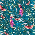 Botany eucaliptus with flowers and pink birds. Seamless pattern watercolor illustraion Royalty Free Stock Photo