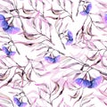 Botany eucaliptus with flowers and pink birds. Seamless pattern watercolor illustraion Royalty Free Stock Photo