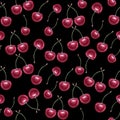 Botany illustration Ripe cherry painted with watercolor on black background. Seamless watercolor pattern