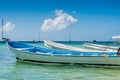 Botes anchored on the beach at Los Roques National Park Royalty Free Stock Photo