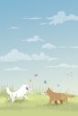 Both of dogs playing together on grass field in spring season flat design vector illustration. Dog unleashed in dog park