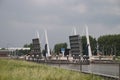 Both drawbridges over the Gouwe are openend to enter the twin sluice Julianasluis in Gouda Royalty Free Stock Photo