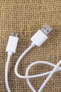 Both ends of the white micro usb cable on an burlap background.