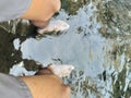 both feet submerged in clear water