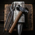 Both tools rest on a well-worn, pitted anvil, indicating extensive use Royalty Free Stock Photo