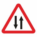 Both way traffic, road sign A9, red triangular frame, eps. Royalty Free Stock Photo