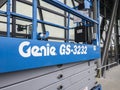 Bothell, WA USA - circa April 2021: Angled view of a Genie GS-3232 scissor lift at the University of Washington`s Bothell campus