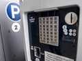 Bothell, WA USA - circa April 2021: Close up view of a public parking payment meter at the University of Washington Royalty Free Stock Photo