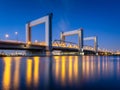 Botlek bridge, Rotterdam, Netherlands. View of the bridge at night. Road for cars and railroad transport. Royalty Free Stock Photo