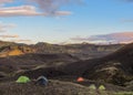 Sunset landscape with campsite of Botnar-Ermstur, Laugavegur Trail from Thorsmork to Landmannalaugar, Iceland