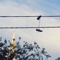 Bots hanging on electric wires on the city