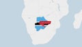 Botswana map highlighted in Botswana flag colors and pin of country capital Gaborone