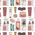 seamless pattern with hand drawn doodle elements of facial skin care products